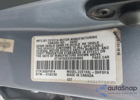 2003 Toyota Matrix Xrs z USA, uszkodzony, nr VIN 2T1KY32E23C024855